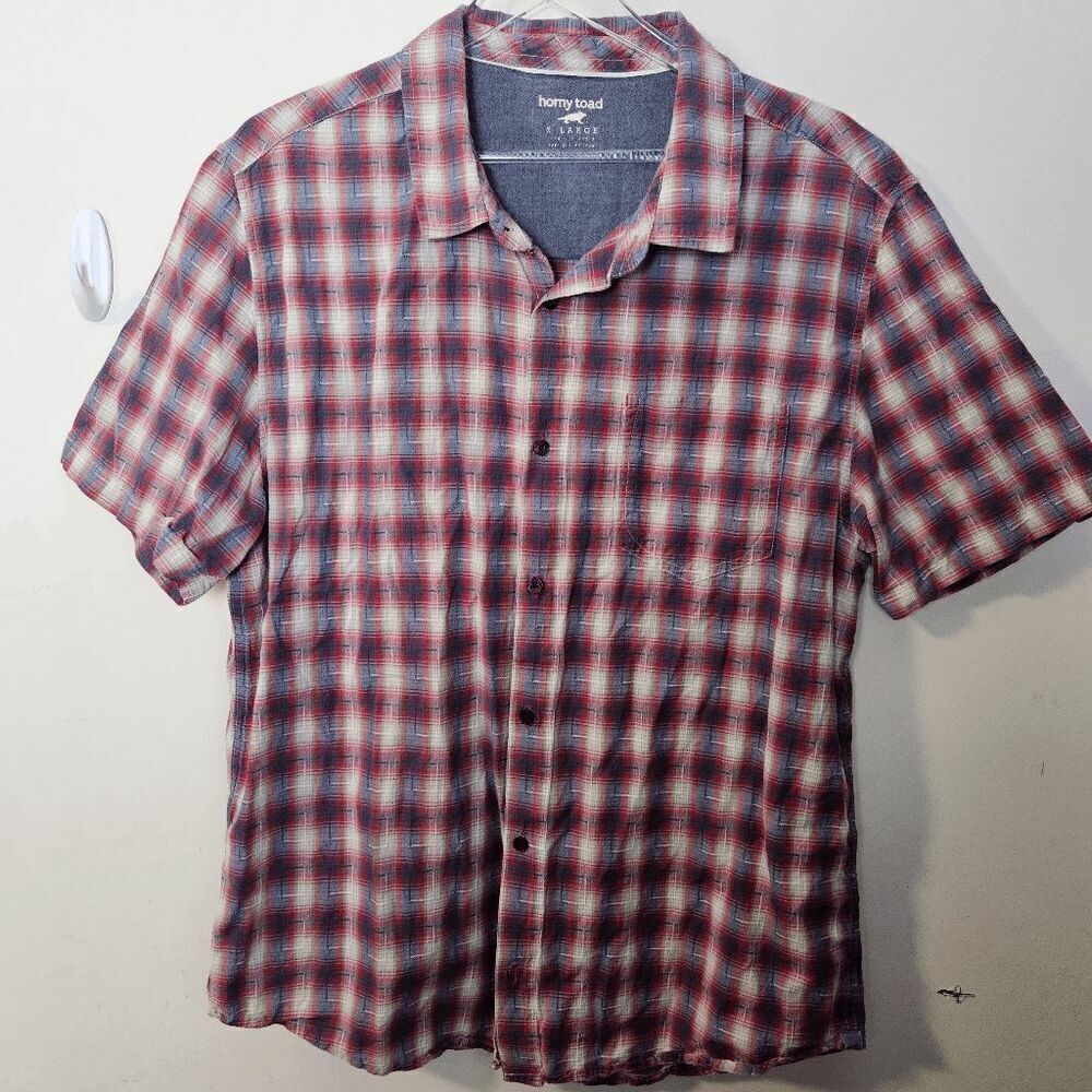 Horny Toad Short Sleeve Button Down Checked Plaid Shirt Mens Red/Blue Size XL 10